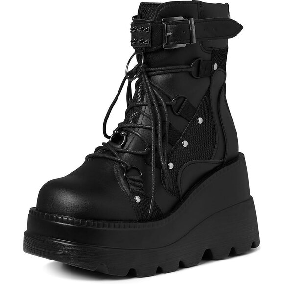 ⚡Women 1-black Synthetic Chunky High Heel Combat Lace Up Motorcycle Wedges Boots - Picture 1 of 8